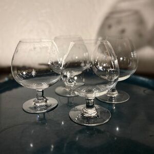 Vintage atomic star burst Brandy Snifters with Etched Star Motif - set of 4
